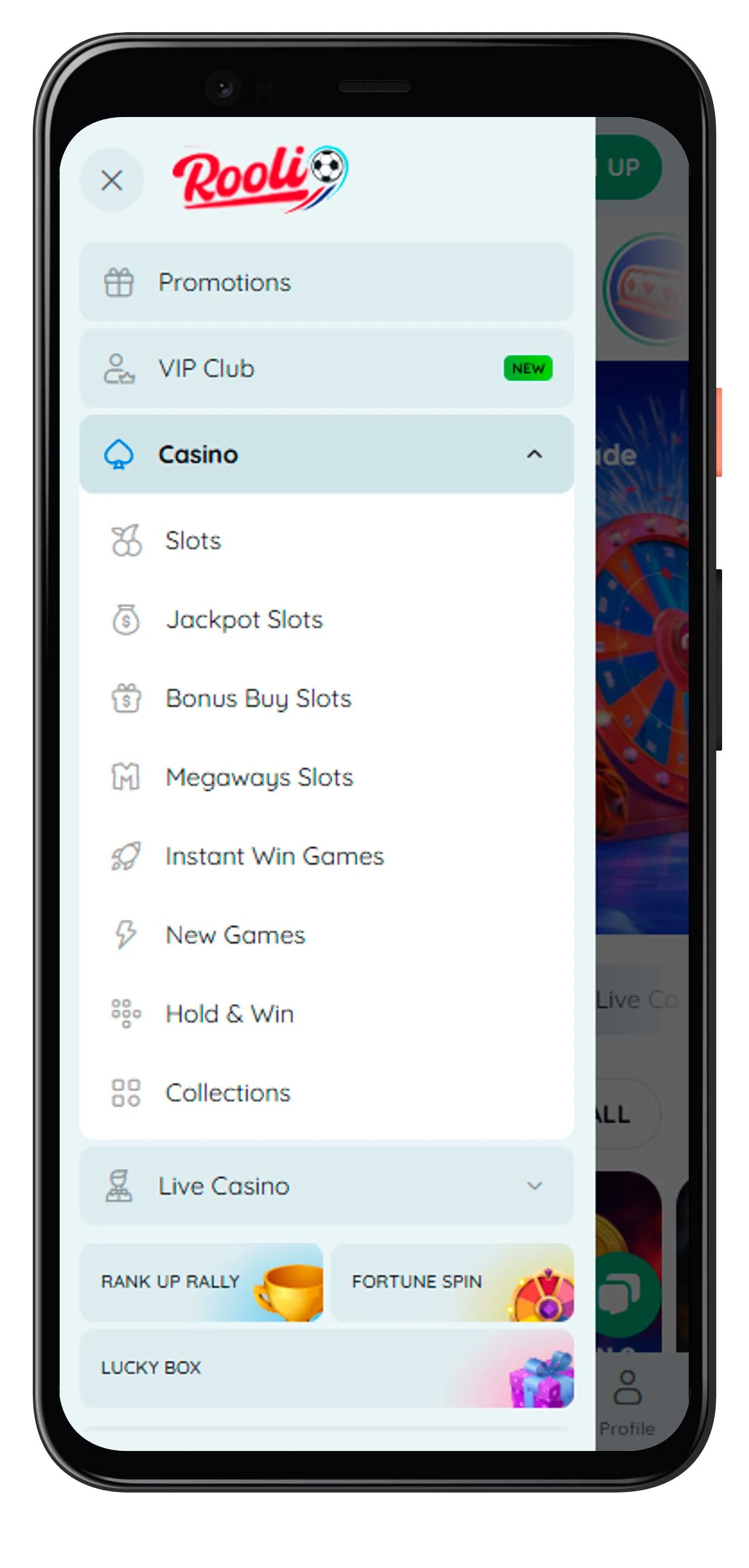 Mobile Navigation Rooli Casino